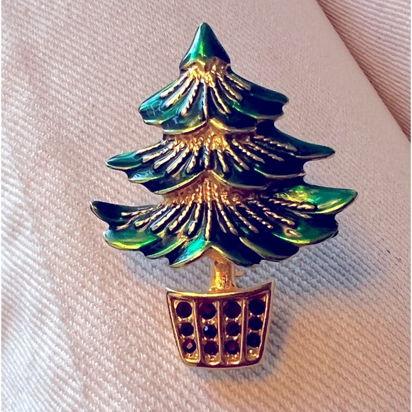 2 for $16 Holiday Christmas Tree Brooch Green Enamel Red Rhinestones Gold Tone - Picture 4 of 4